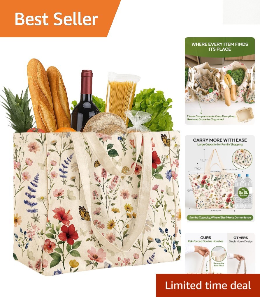 Aesthetic Extra Large Canvas Grocery Bag – 6 Pockets, Double Handles, Heavy-Duty