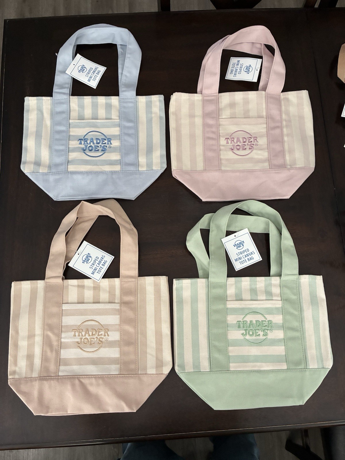 TRADER JOES ~ 4 MINI CANVAS STRIPED LIGHT GREEN, PINK, BLUE & TAN TOTE BAGS ~NEW