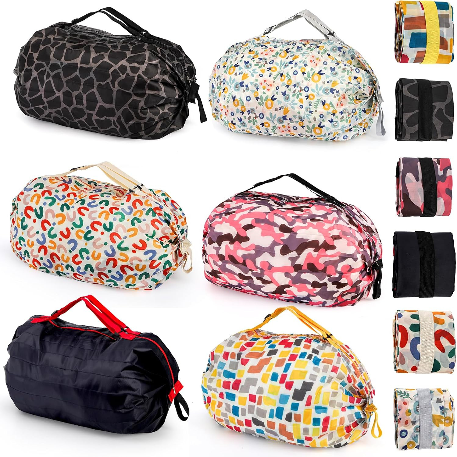 6 Pack Foldable Bag with Zipper, Reusable Shopping Bags, Large Capacity Grocery