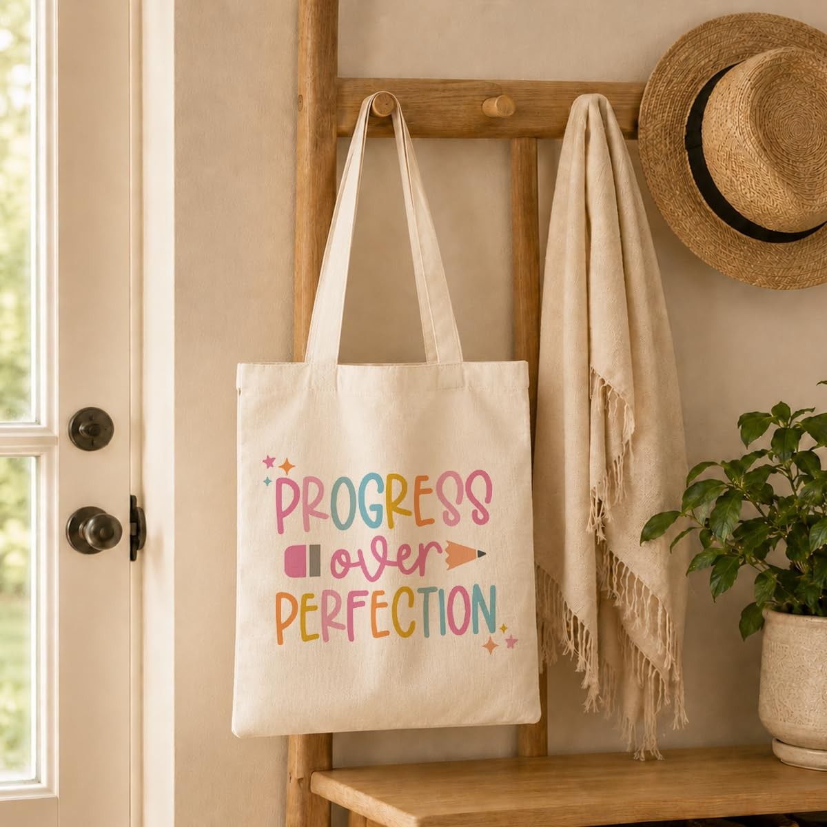 Inspirational Canvas Tote Bag, Progress Over Perfection Tote Bag, Casual Canv…
