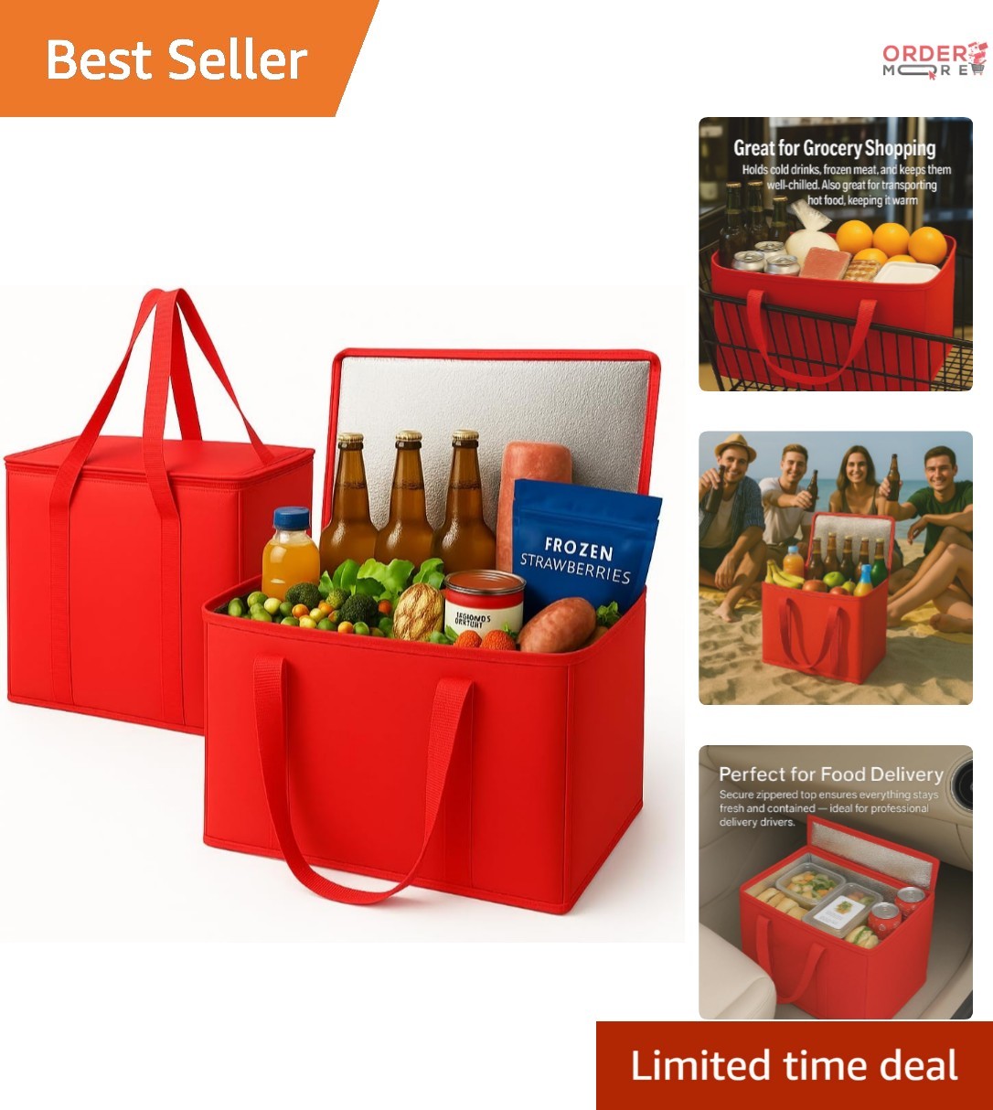 2-Pack XL Large Insulated Reusable Grocery Shopping Bags Heavy Duty Cooler