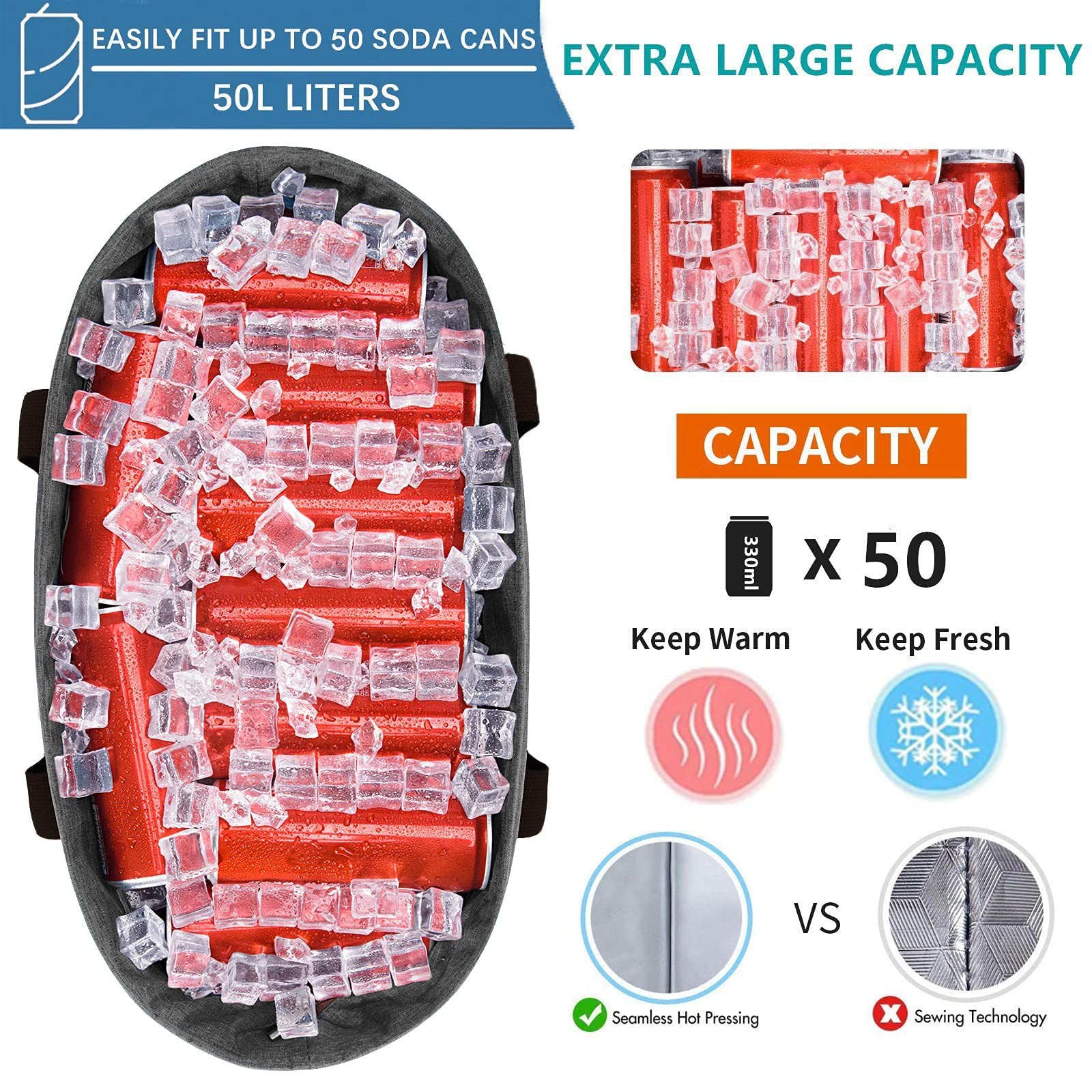 50L Jumbo Insulated Cooler Bag Collapsible Waterproof Tote Gray for Grocery