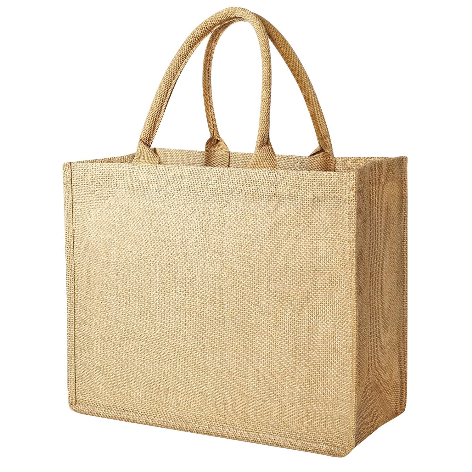 Jute Tote Bags Burlap Reusable Shopping With Laminated Interior Soft Handles
