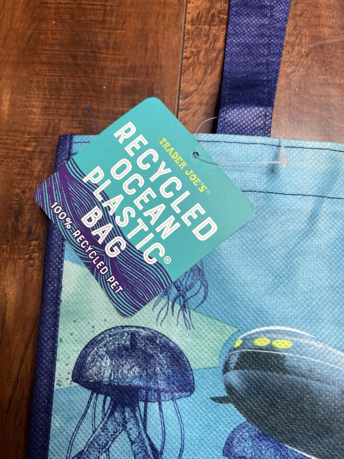 Trader Joe’s Blue Fish Tote Bag Ocean Clownfish Submarine Reusable 100% Recycled