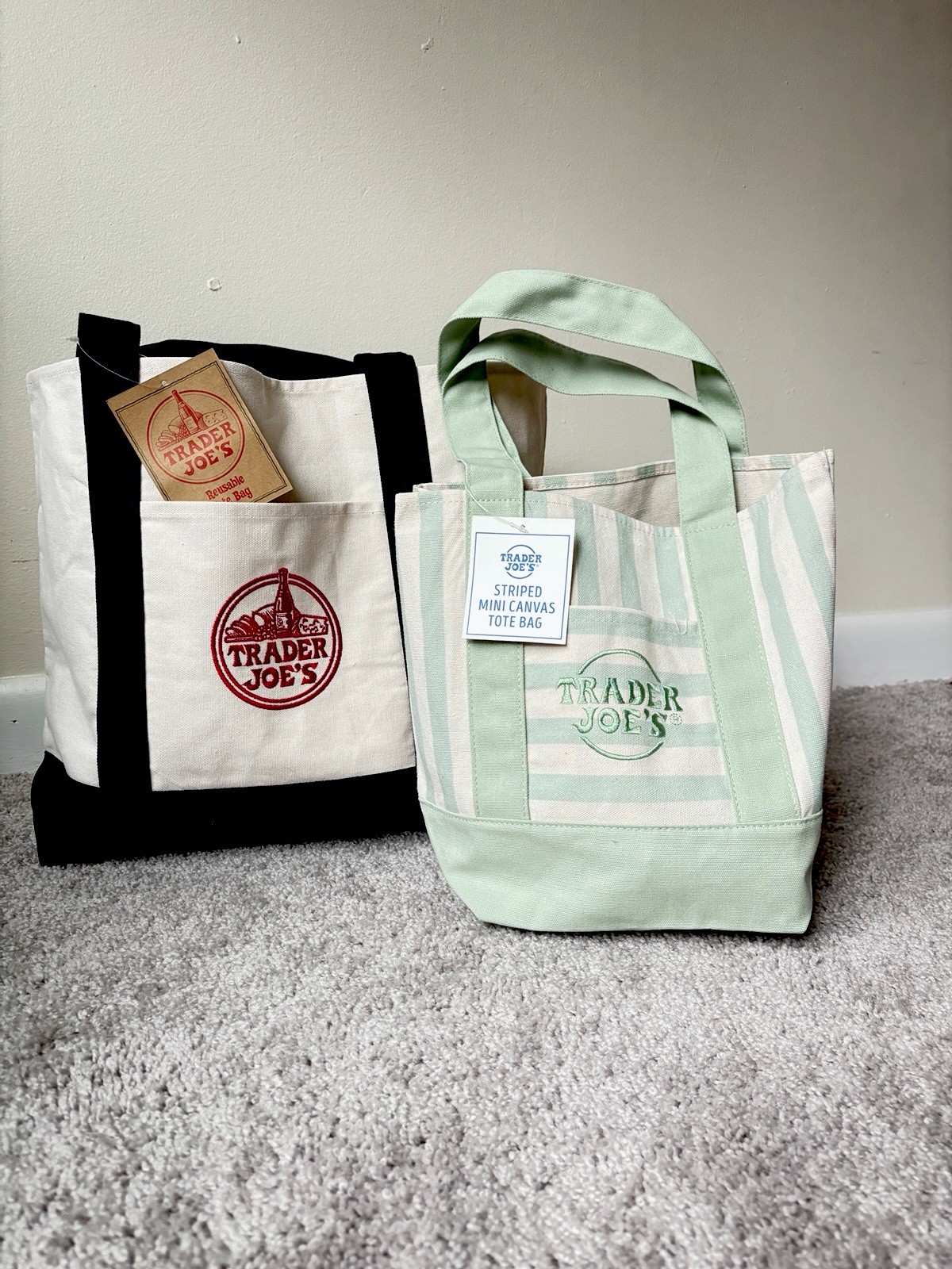 💚 2 Pack Most Sold NEW Trader Joe’s Canvas Navy Blue/Stripe Green MustHave Tote