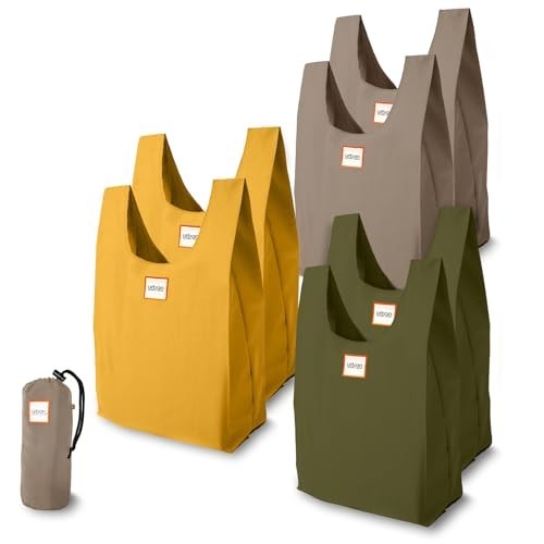6 Foldable Reusable Shopping Bags in Compact Pouch, Eco-Friendly, Holds 50+ lbs,