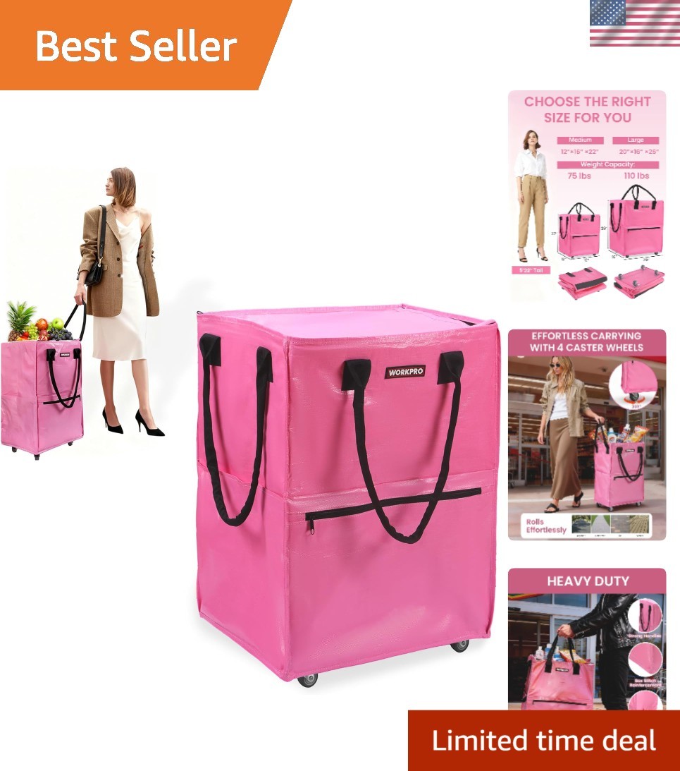 Stylish Pink Medium Rolling Shopping Tote with 4 Caster Wheels – Foldable