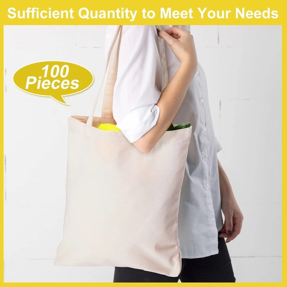 100 Pcs Canvas Tote Bags Bulk Natural Cotton Tote Bags with Handles Blank Cloth