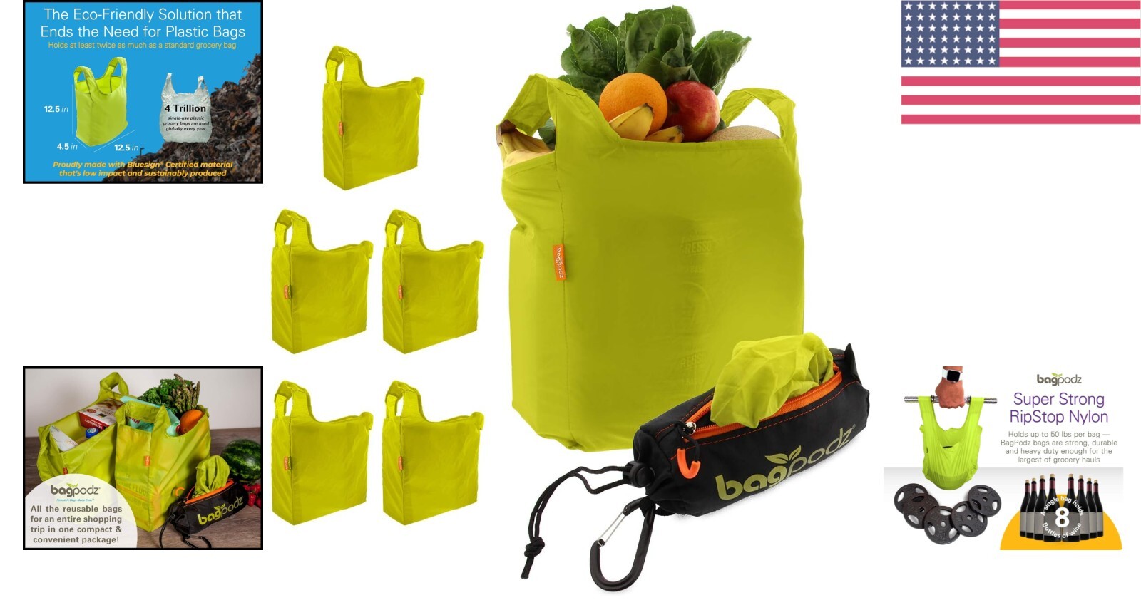 5-Pack Compact Washable Grocery Bags in Green – Clip-on RipStop Nylon Design
