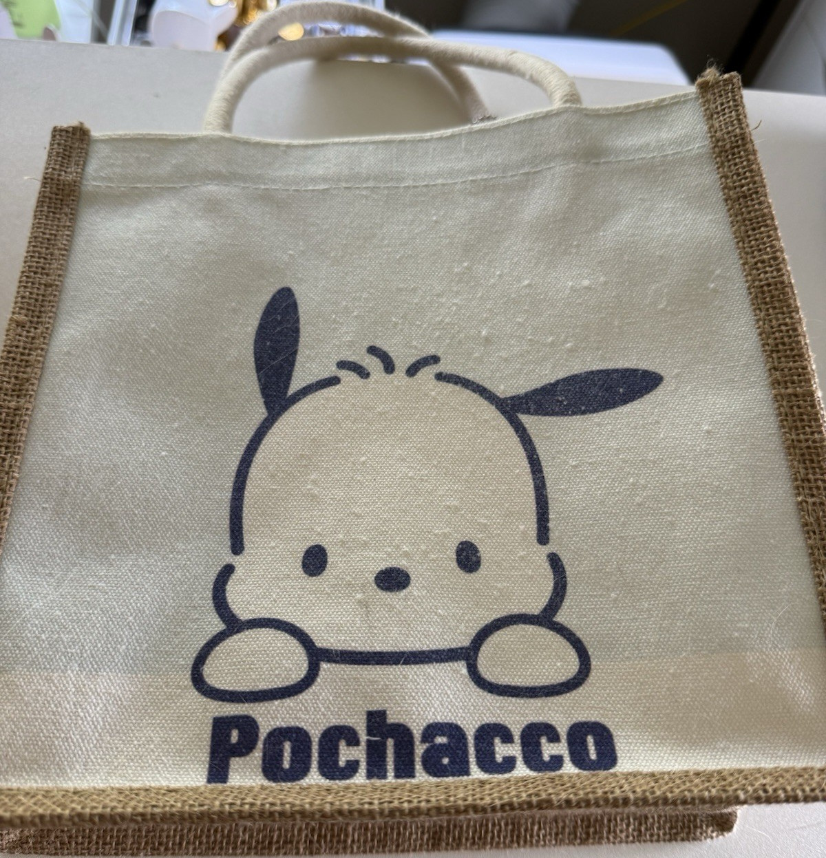 Sanrio Pochacco Character Reusable Canvas Jute Tote Bag Small Beige/Brown