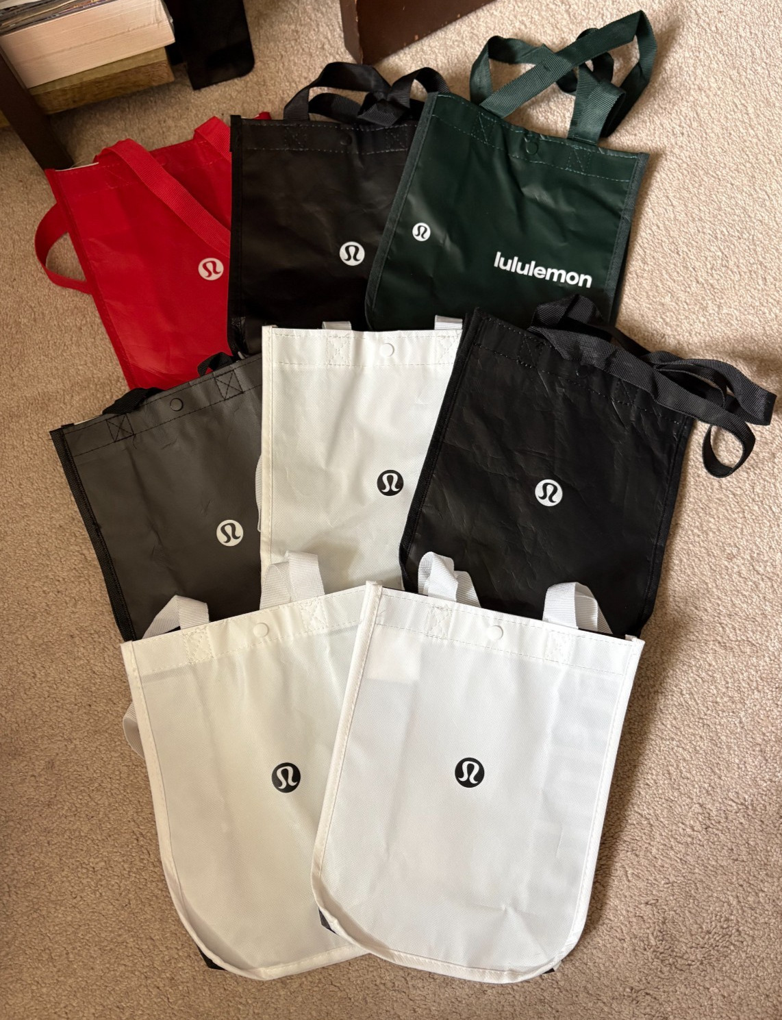 Huge lot of Lululemon Small Logo Reusable Shopping Bag Red, Black, White, Green