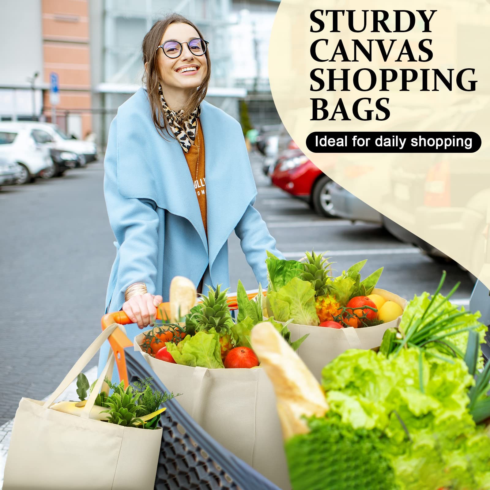 12 Pack Canvas Grocery Bag Large Blank Shopping Tote Bags Reusable Pouches Bu…