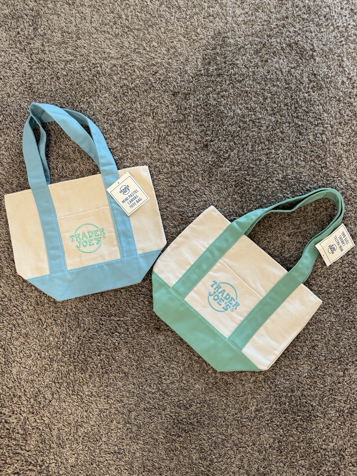 Trader Joe’s Foldable Canvas Tote Bag Set of 2 Blue Green Beige Colorblock