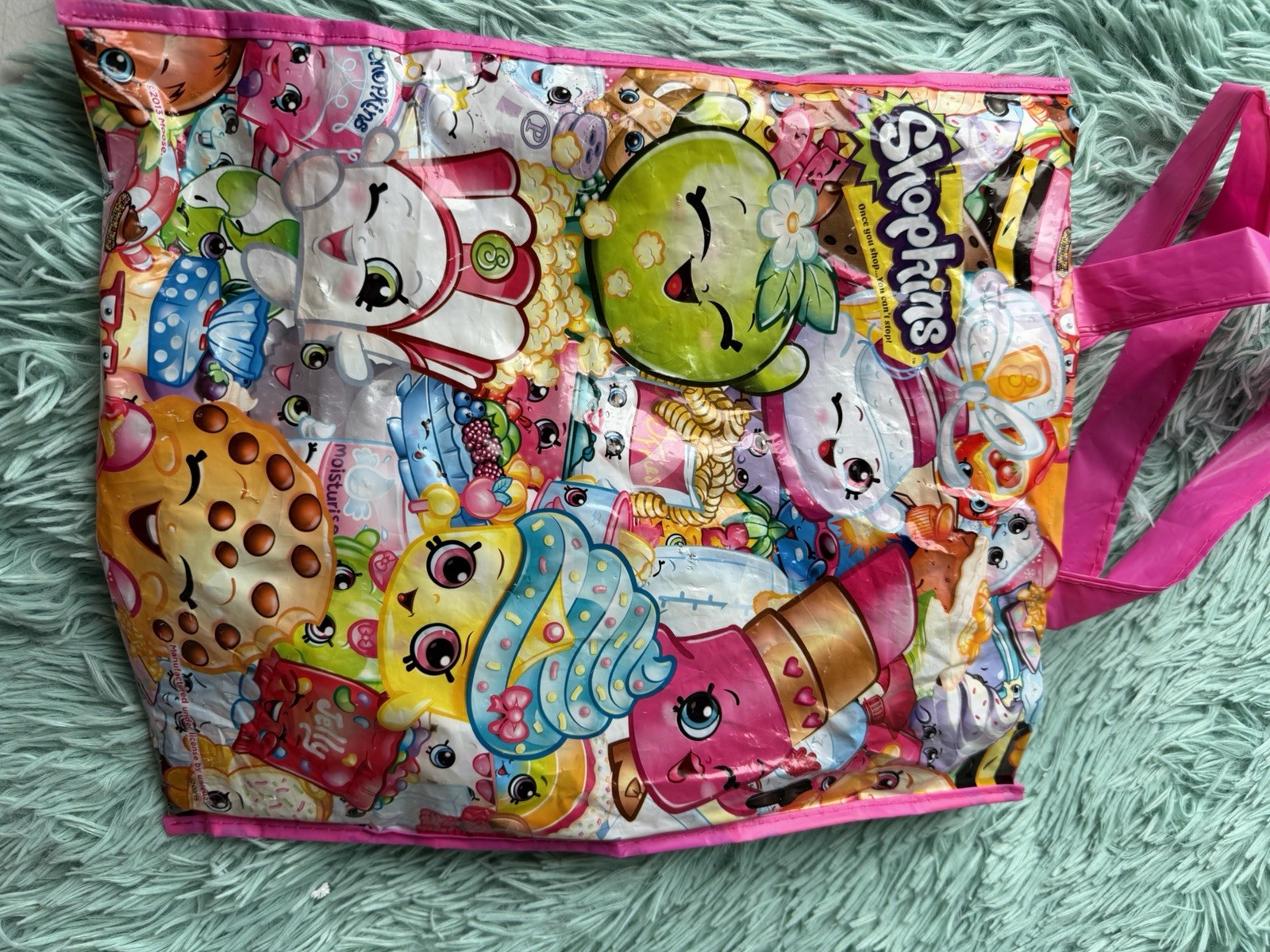 Shopkins Reusable Shopping Tote Bag Multicolor All-Over, Pink Handles 10×12