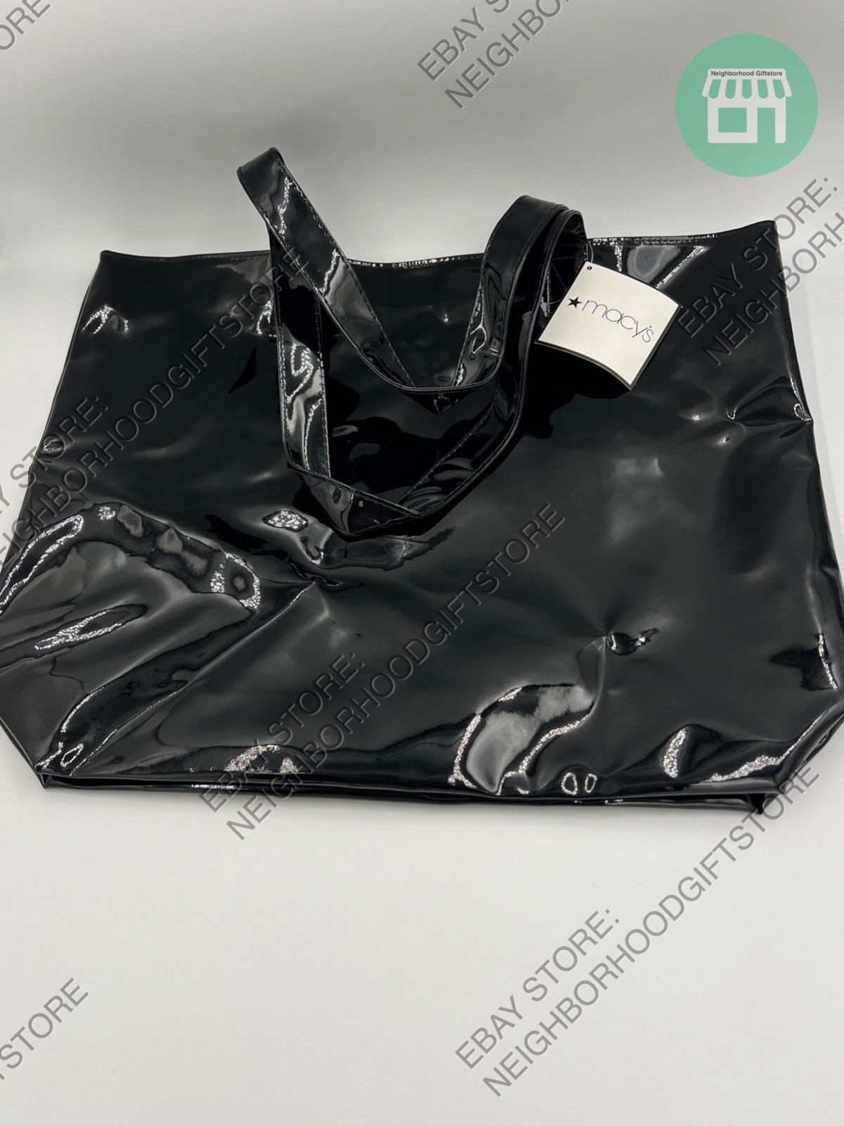 MACY’S Shopping Tote Bag 16″x13″x4″ Large Vinyl Tole Bag BLACK NEW PICTURES.