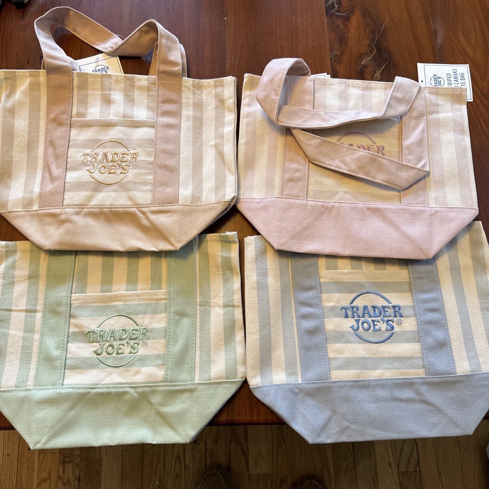 TRADER JOE’S MINI PASTEL STRIPE CANVAS TOTE BAGS SET Of 4 PINK BLUE GREEN BEIGE