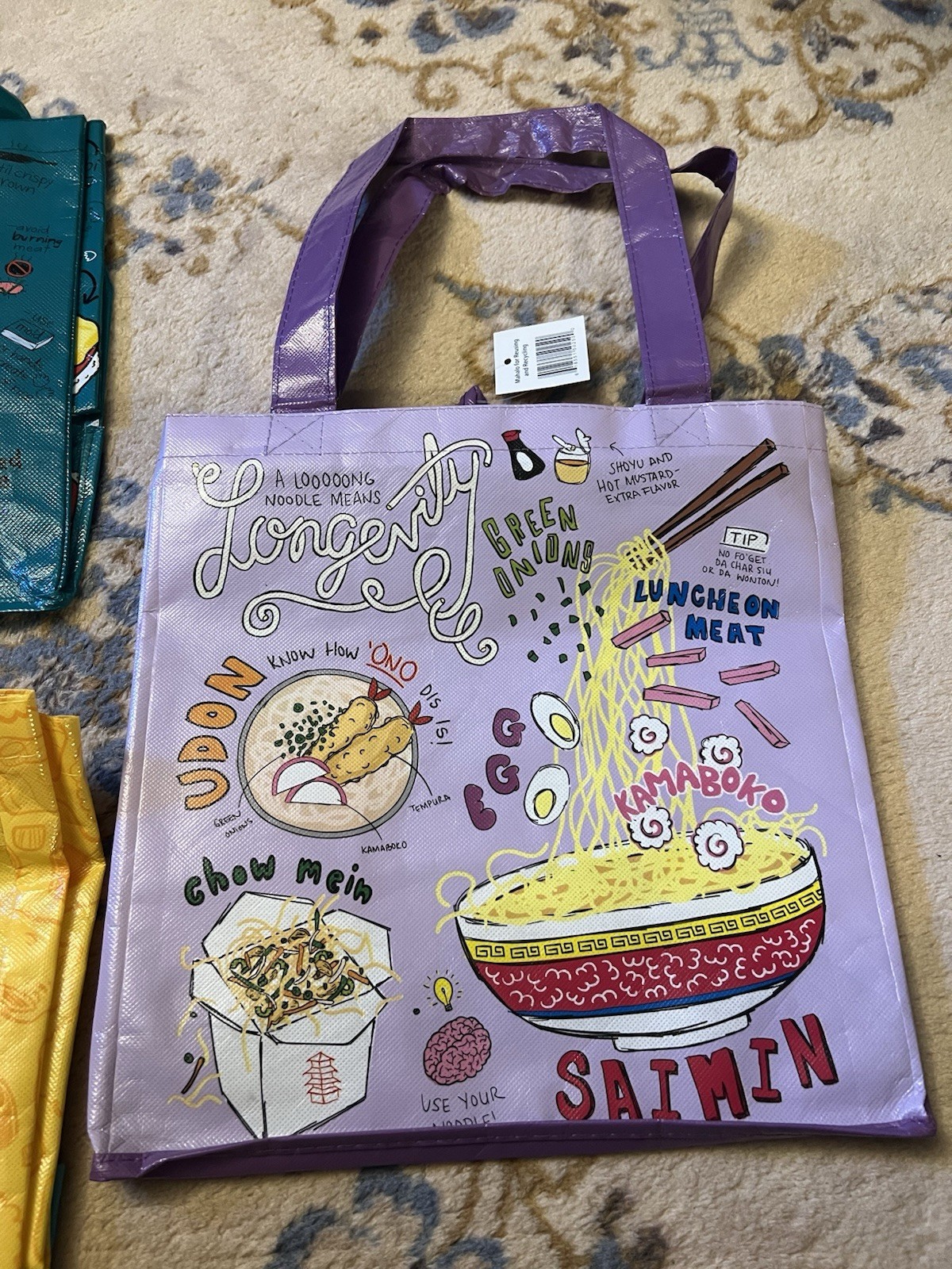 Foodland Hawaii Set Of 3 Reusable Tote Bags ~ Spam Musubi Pho Noodles Pun Poke