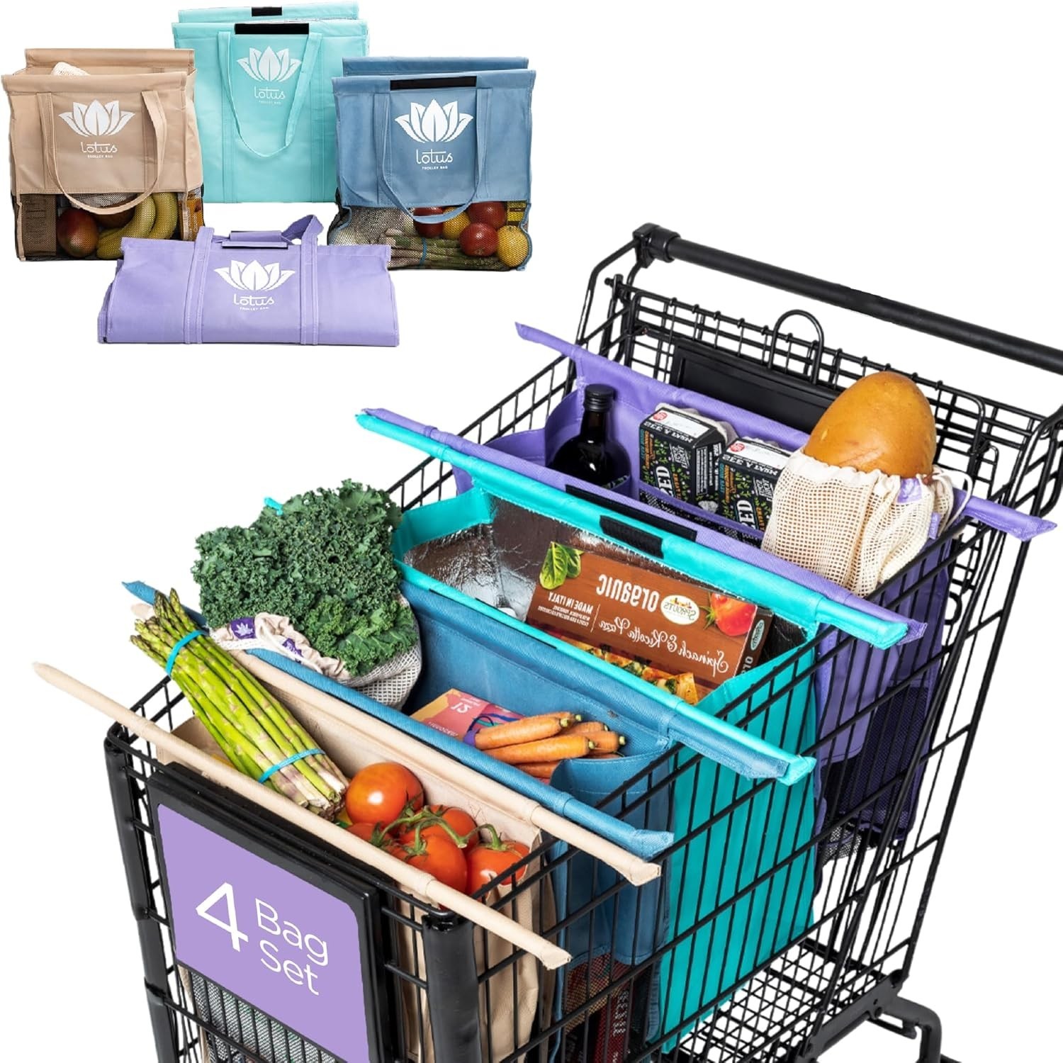 Lotus 4-Pack Trolley Bags: Insulated, Detachable & Eco-Friendly Grocery Totes