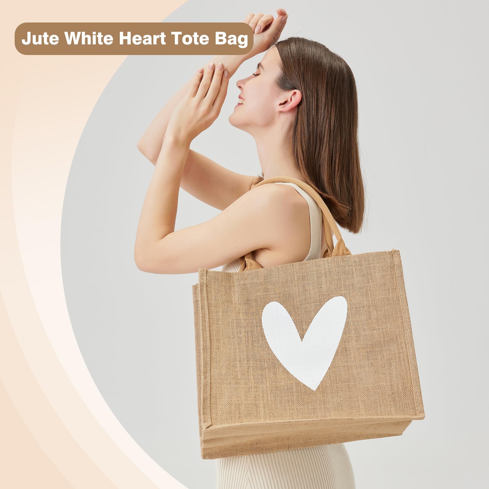 Burlap Tote Bags Handles White Heart Printed Reusable Jute Gift Waterproof