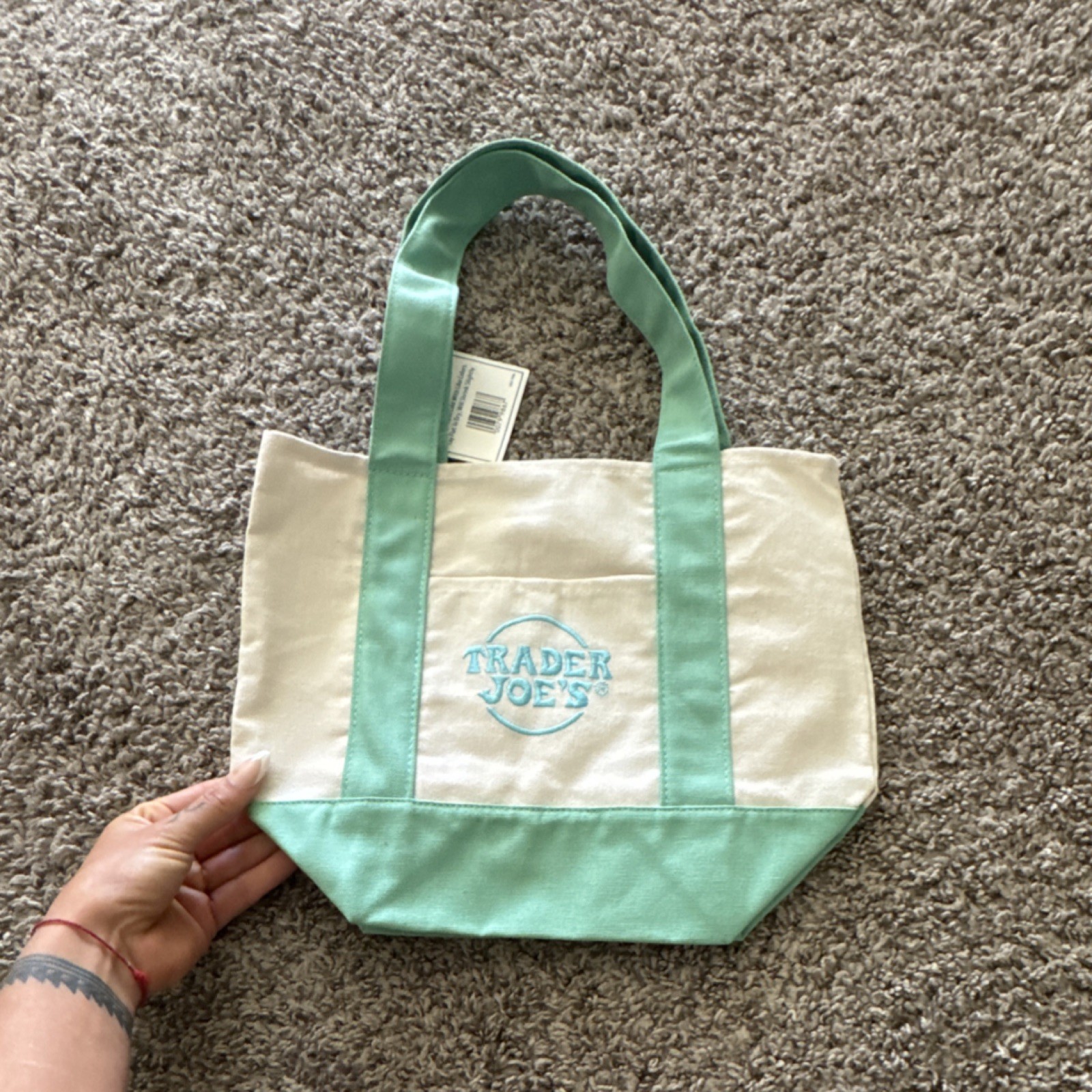 Trader Joe’s Small Foldable Canvas Tote Bag Mint Green Cream Solid