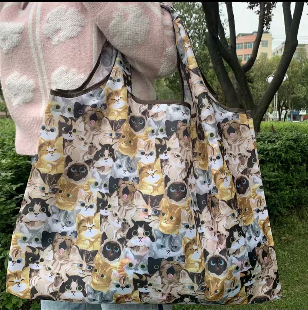 Golden Cat Cartoon Cats Print Nylon Shopping Bag, Large Capacity Tote Bag