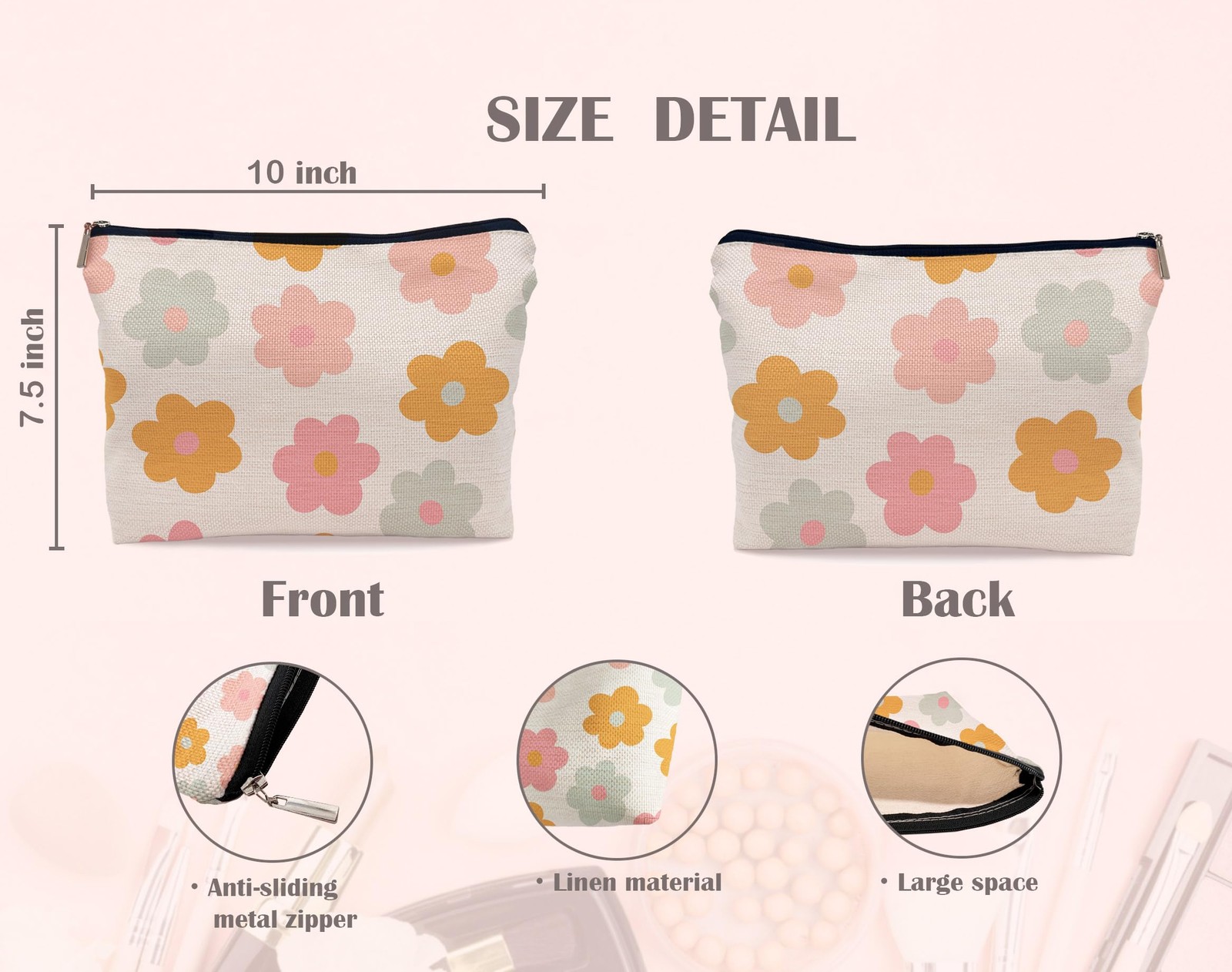 Lacosu Retro Groovy 60s 70s Daisy Flowers Makeup Bag Cosmetic Multicolor