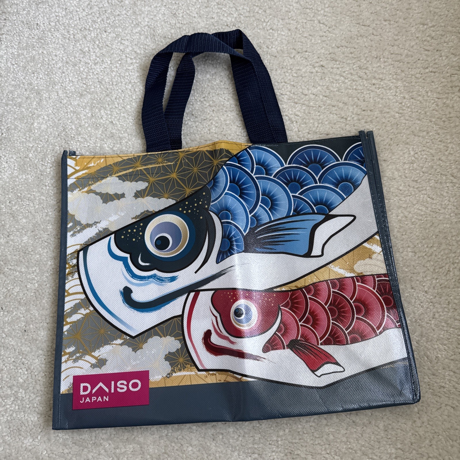 Abstract Koi Fish Reusable Grocery Shopping Tote Bag Daiso Japan New Medium