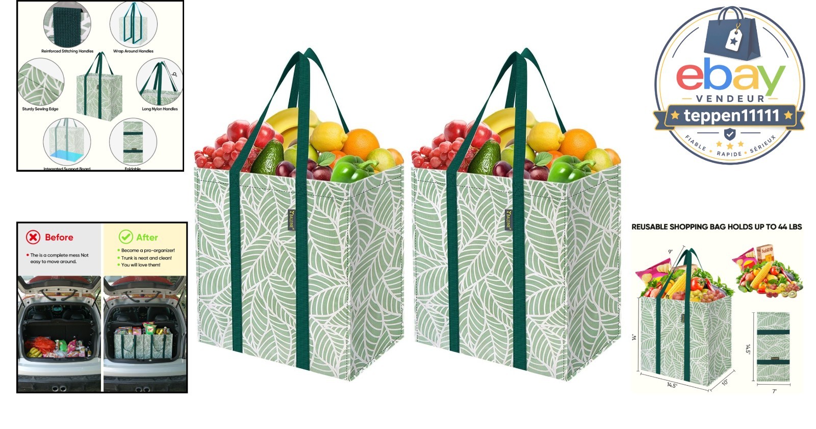 Reusable Grocery Bags 2 Pack Heavy Duty Foldable Tote Antique Folidage