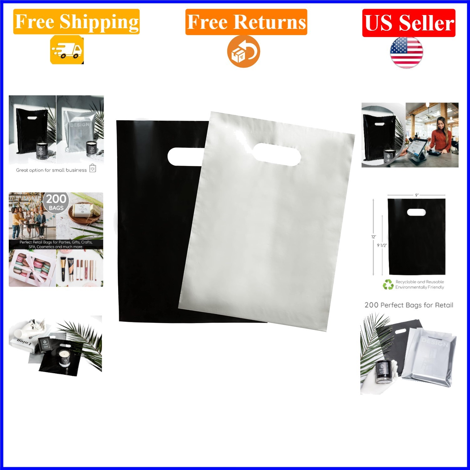 200 Black & Silver Plastic Merchandise Bags 9×12 with Handles, 1.5Mil