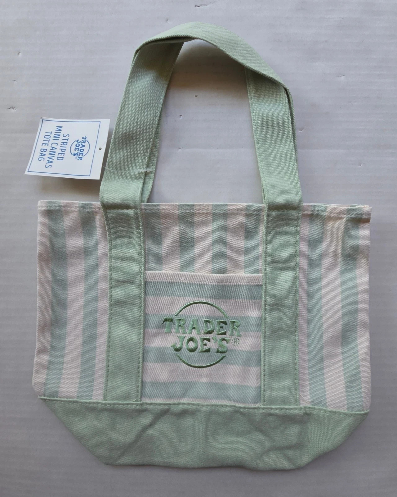 Trader Joe’s MINI Canvas Reusable Bag, w/ Off White or Tan, LIGHT GREEN STRIPES