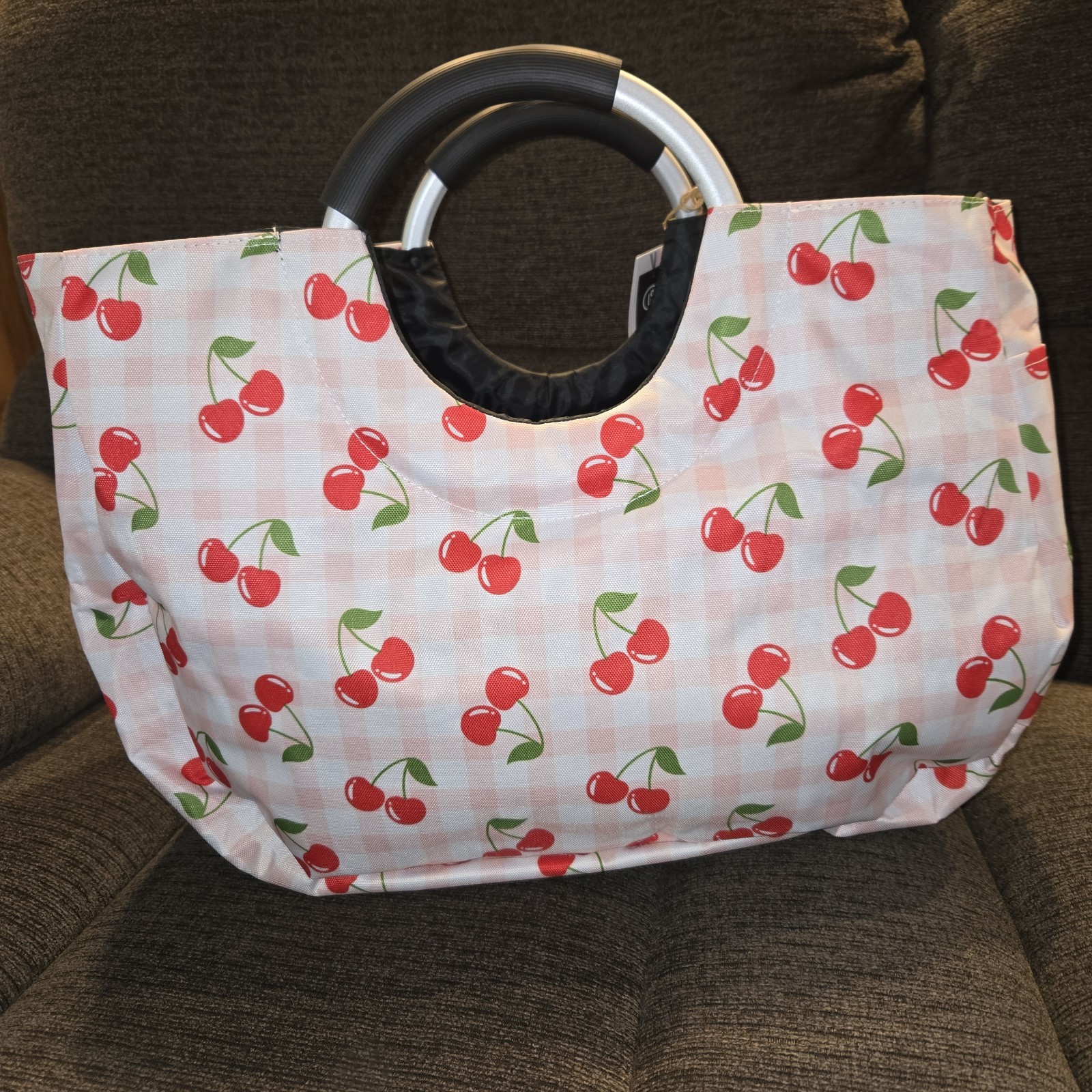 Living In Style City Tote Cherries Pink Gingham Canvas Type Large Bag NEW
