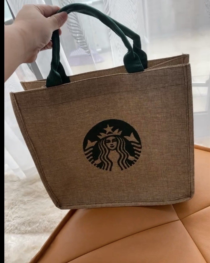Starbucks Reusable Foldable Jute Shopping Bag Beige Green Handles Inner Pocket
