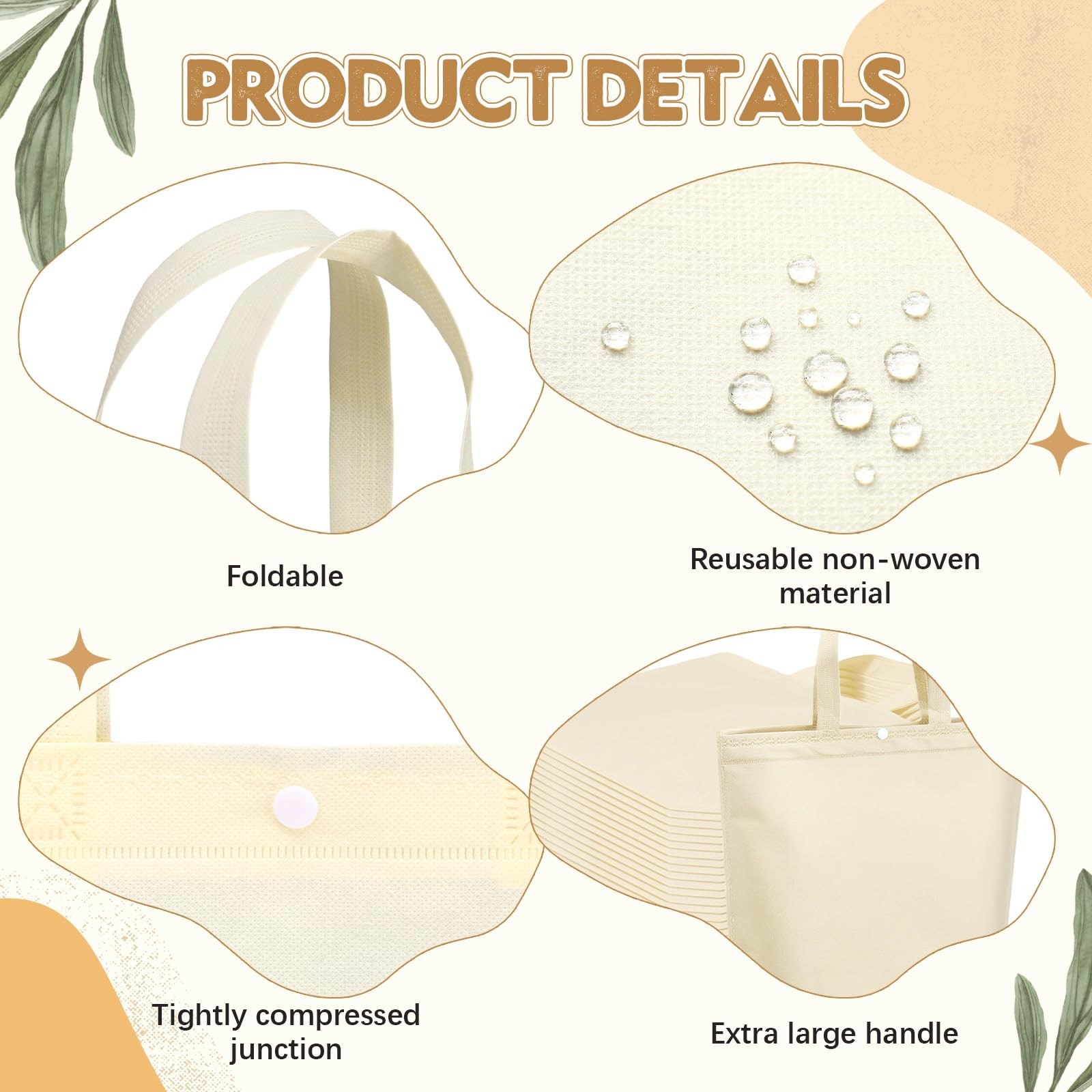 100 PCS Reusable Grocery Bags, Bulk Non Woven, Portable Foldable Tote, Button