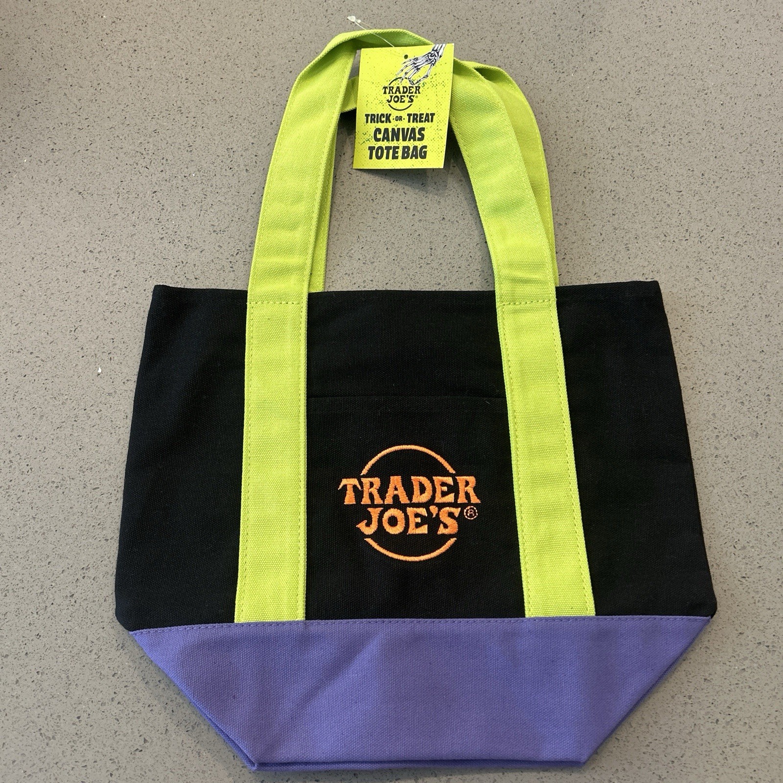Trader Joe’s Halloween Mini Canvas Tote Black w/Green Straps, Purple, w/tags