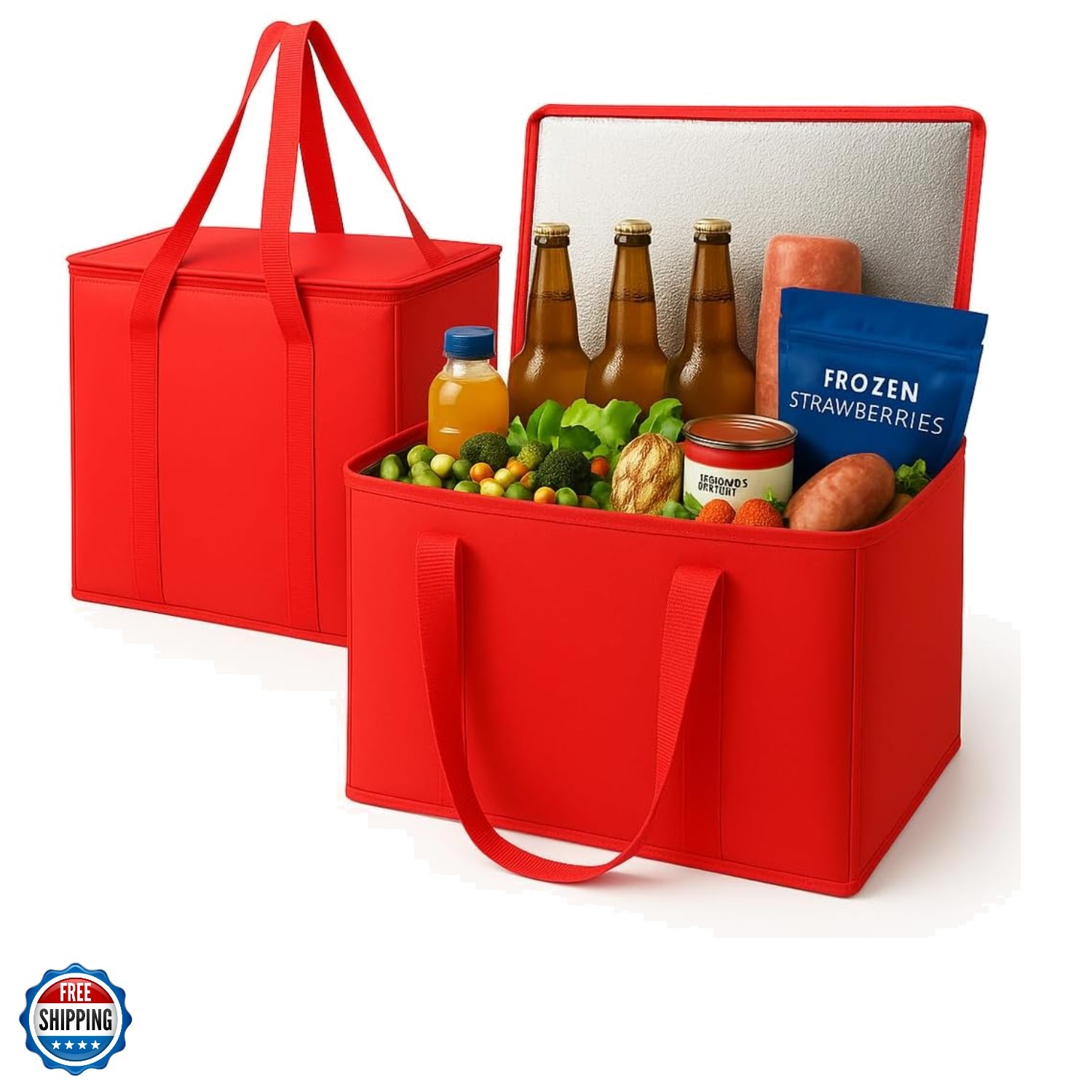 2-Pack XL-Large Insulated Grocery Shopping Bags, Red, Reusable, Heavy Duty, Z…