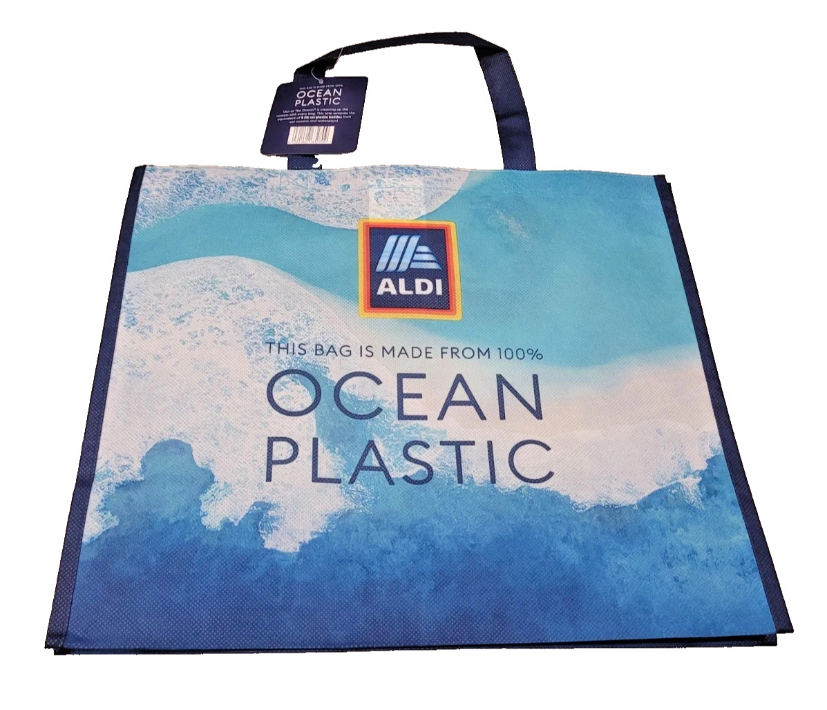 ALDI Reusable Shopping Bag Tote – 100% Ocean Plastic- 16×14“- Blue New Large 1PC