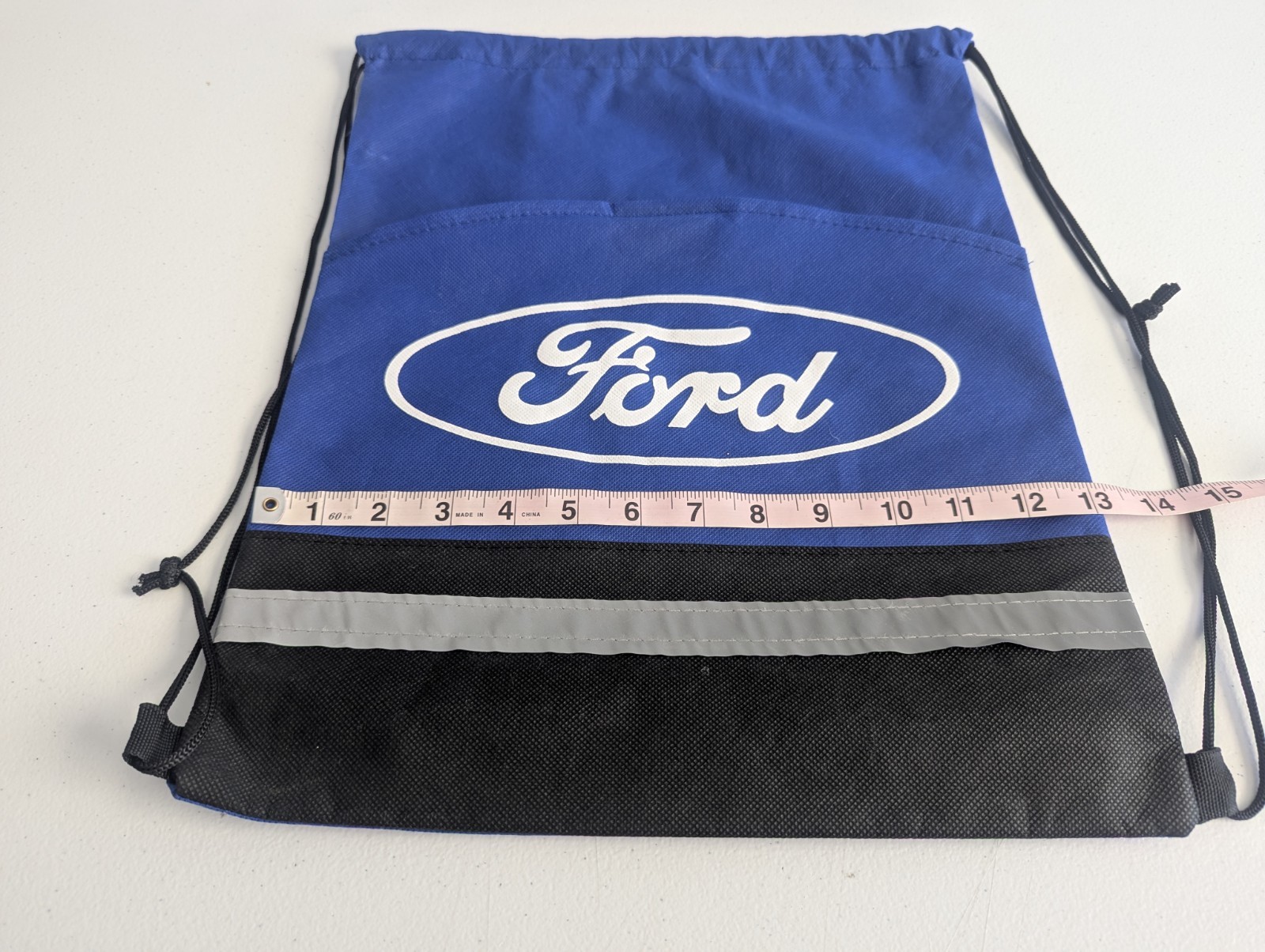 Ford Motor Co Promo Advertising Drawstring Bag Backpack w/ Pocket Black Blue NEW