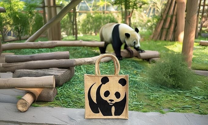 Panda Pack of 5 | Eco-Friendly Jute Fabric Printed Tote Bag with Zipper, Handle