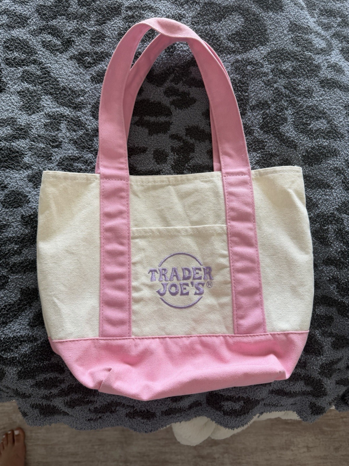 Trader Joe’s Foldable Canvas Tote Bag Pink Beige Color Block Contemporary