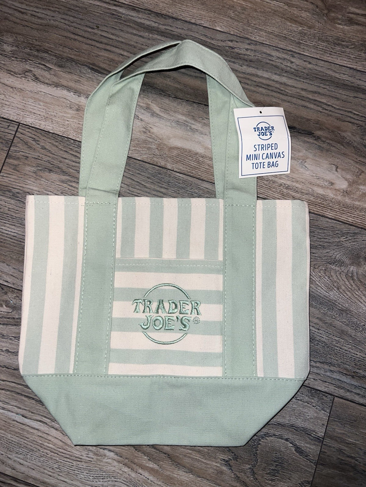 Trader Joe’s Striped Mini Canvas Tote Bag Green/White 13x11x6 in New
