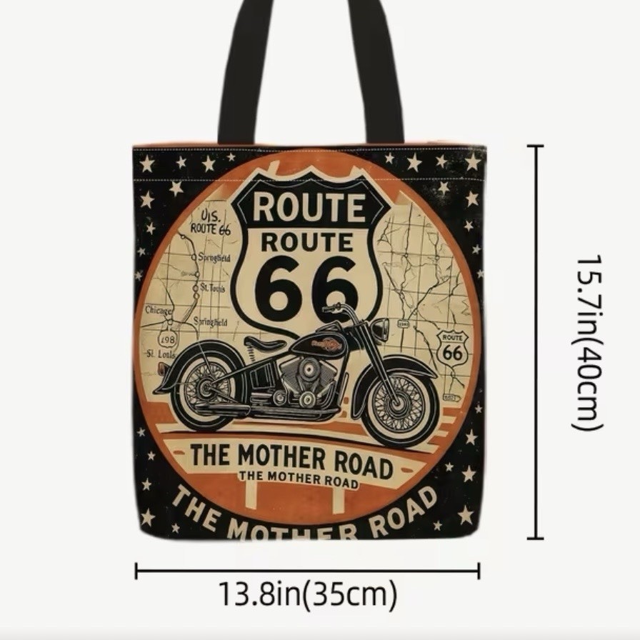 1pc Double-Sided 2D Flat Printing Shopping Tote Bag, Route 66 Motorcycle