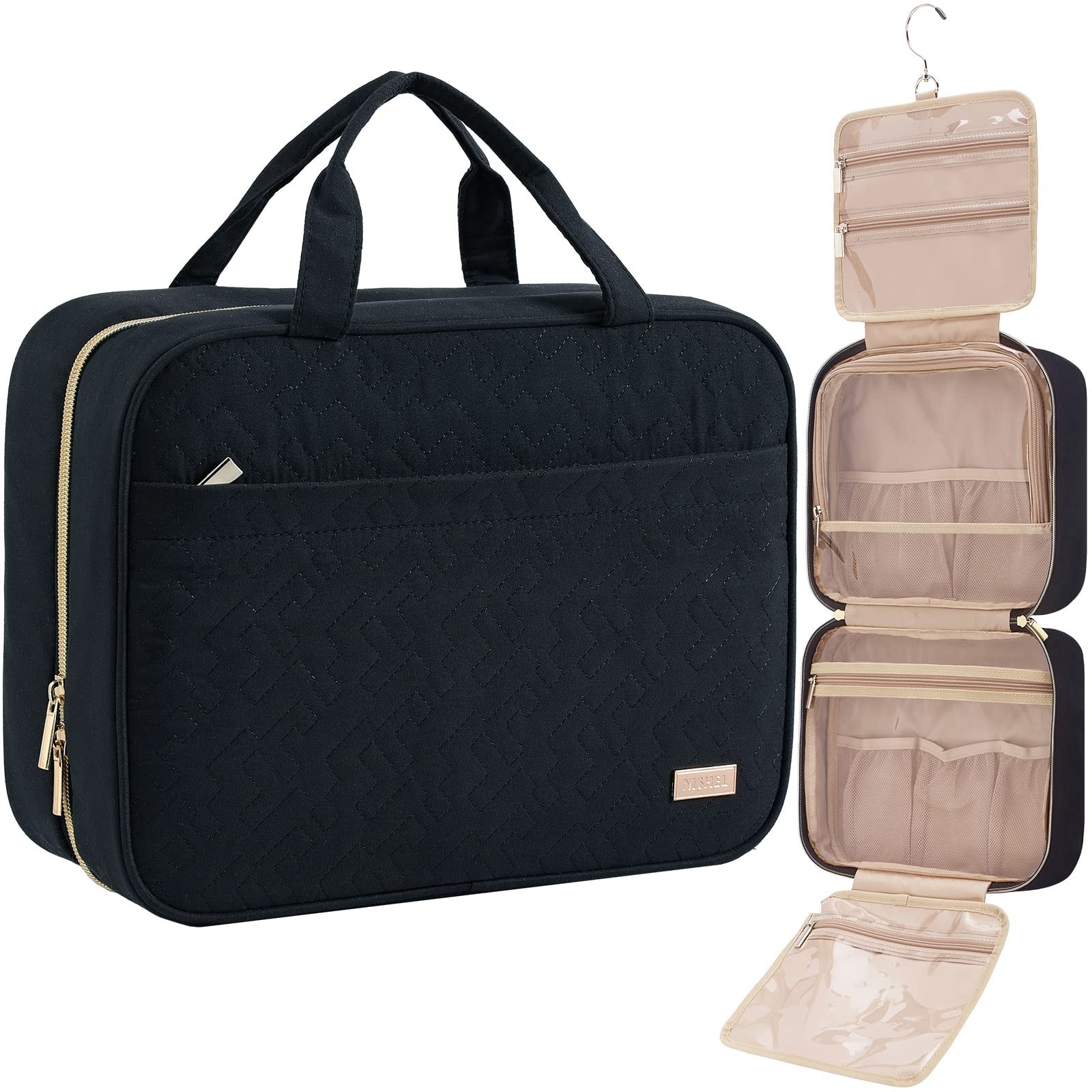 NISHEL Travel Toiletry Bag for women, Portable Hanging Organizer Large, Black