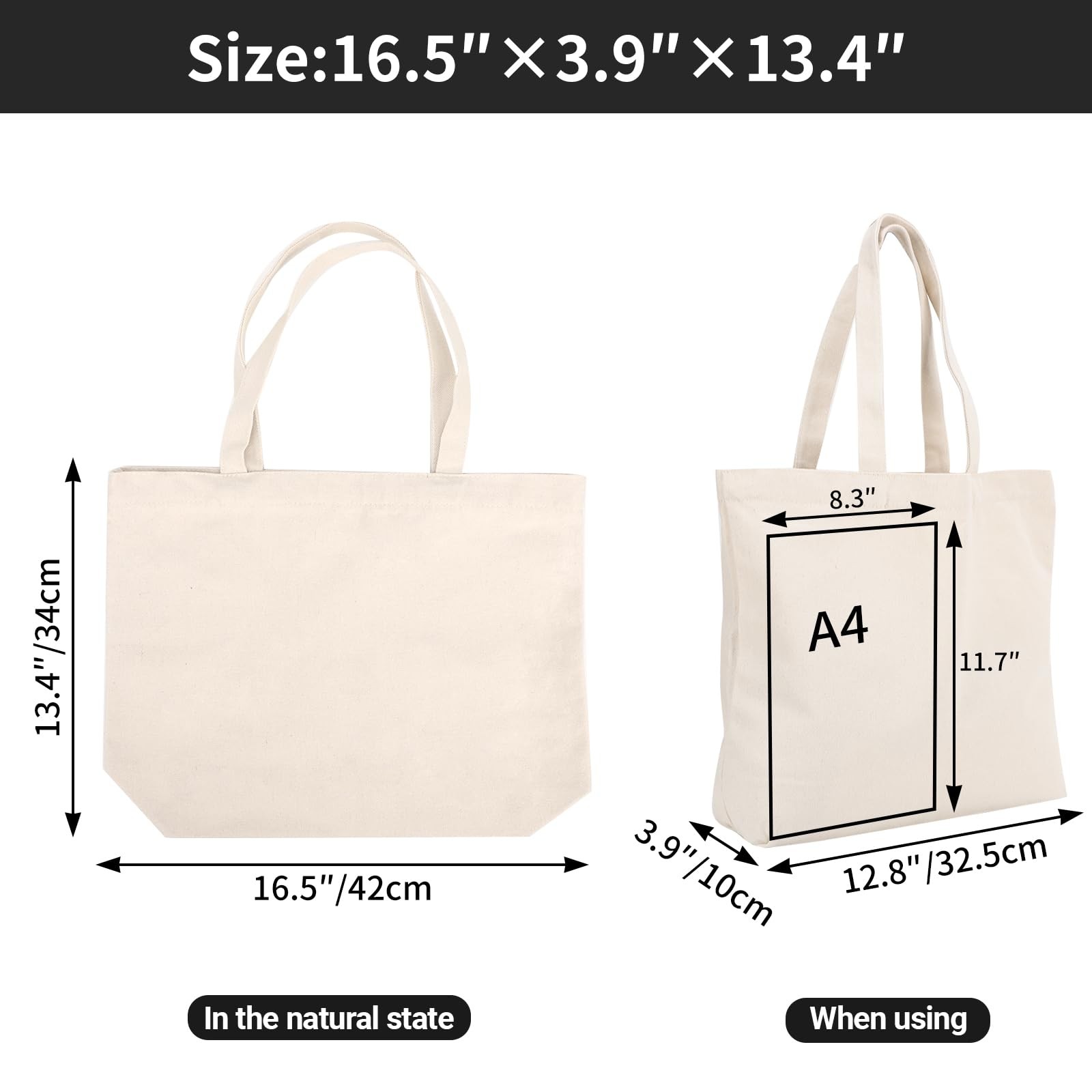 6 Pack Canvas Tote Bags with Zipper, 16×13 in Reusable Grocery Shopping Bags