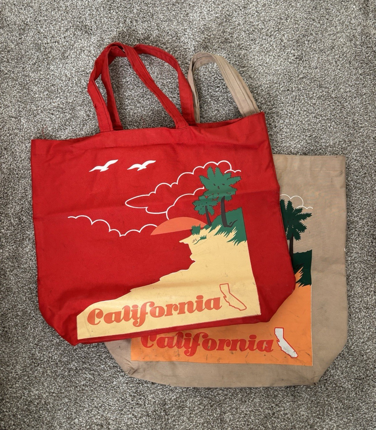 Lot of 2 Vintage 1970s Holiday Fair Inc California Canvas Tote Bags 18.75x16x5.5
