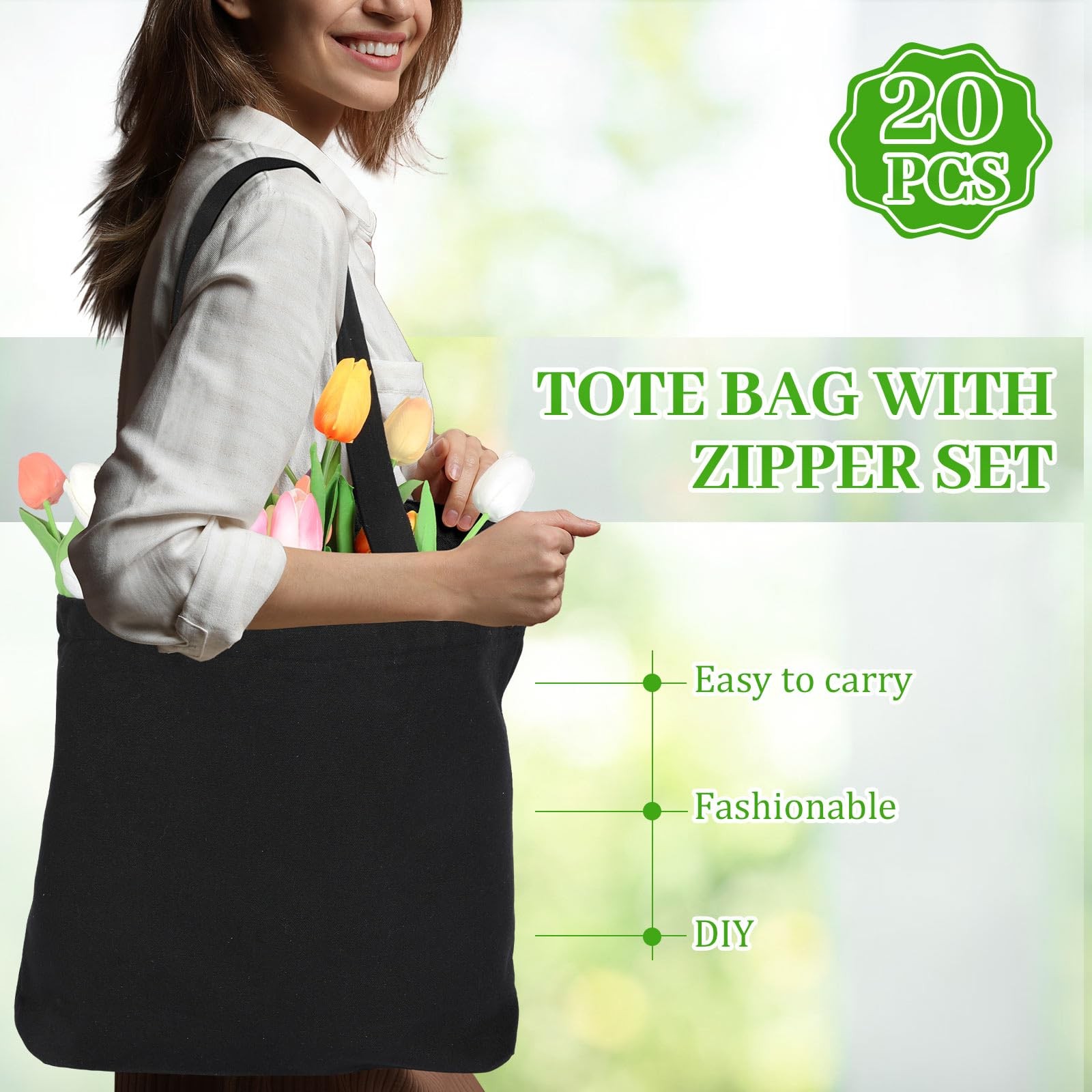 20 Pcs Canvas Tote Bags Bulk 16.5×13.4” Blank Cotton Canvas Bag with Zipper …