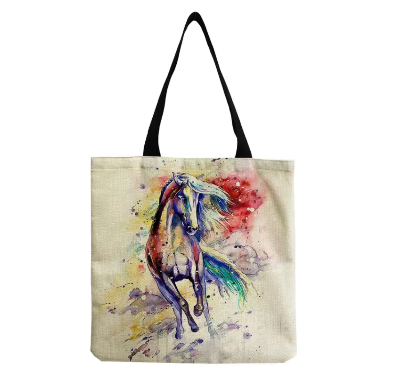 Medium Canvas Shopping Bags Whimsical Cat, Horse Print 14″x15″