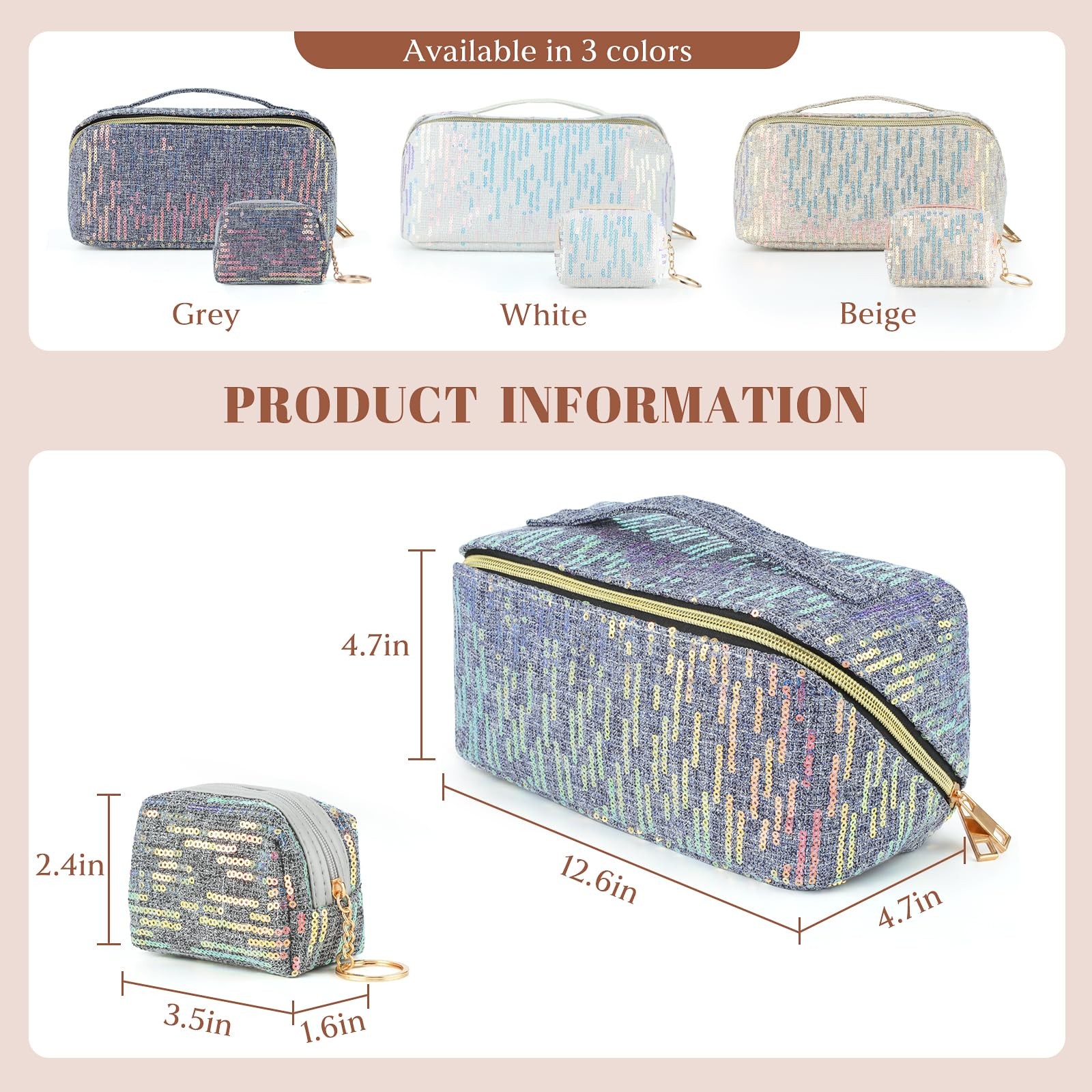 KEYPOWER Large Capacity Glitter Sequin Cosmetic Bag Travel Makeup Grey