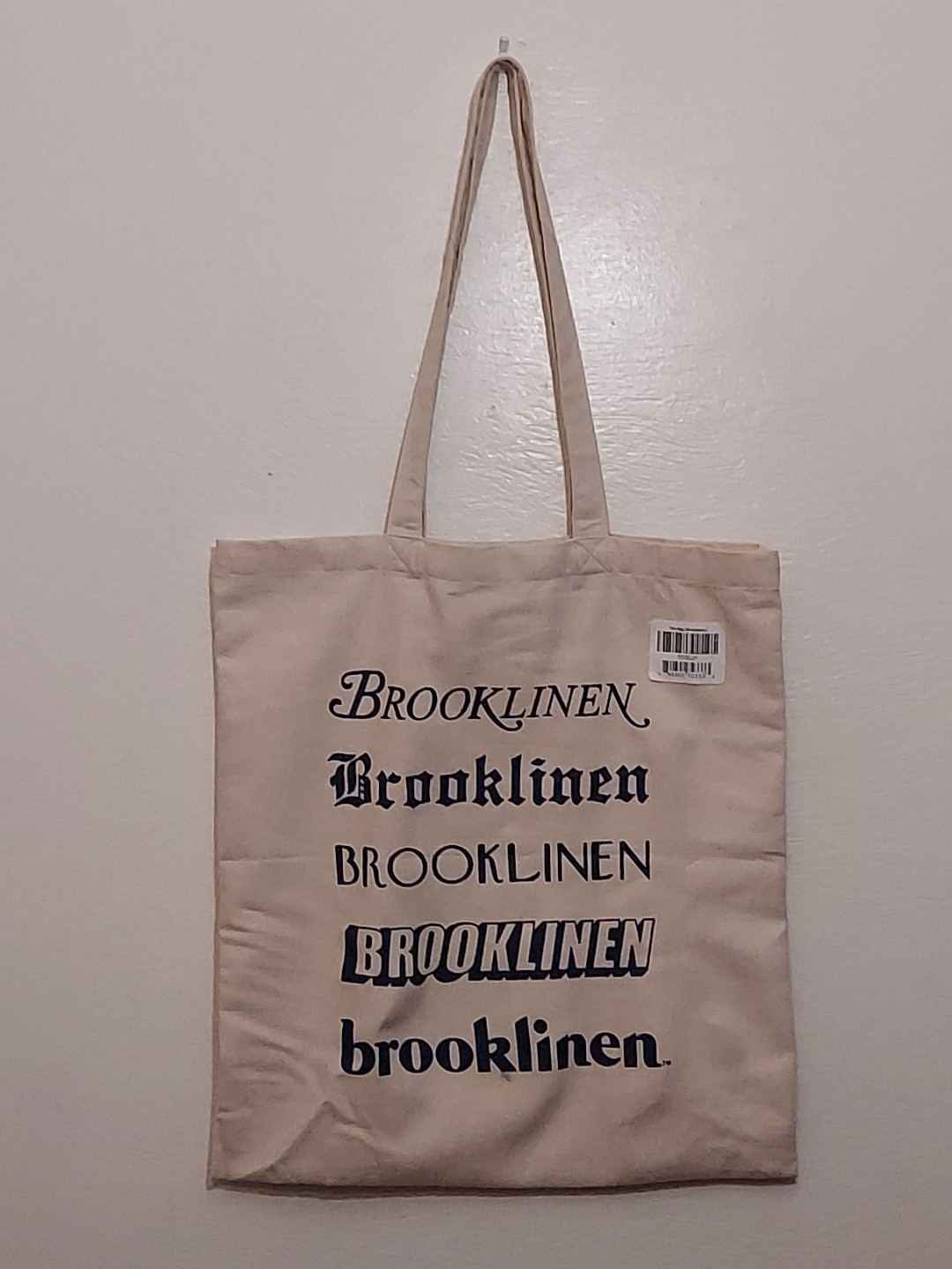 Brooklinen Canvas Tote Bag Light Beige Cotton Blue Lettering 17x 15.5 inches