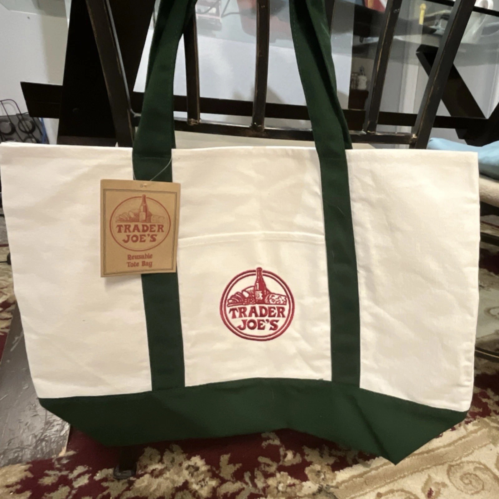 Trader Joe’s Large Canvas Tote Bag White Green 20x8x14 in Solid New