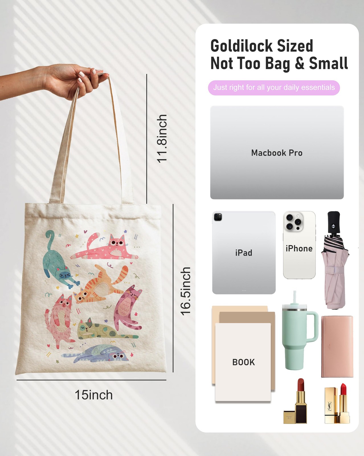 DYALE Cute Tote Bag Double-Sided Prints with Snap Closure, Gifts for Cat Love…